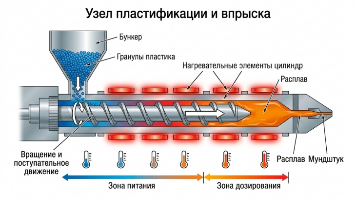 Принцип работы термопластавтомата